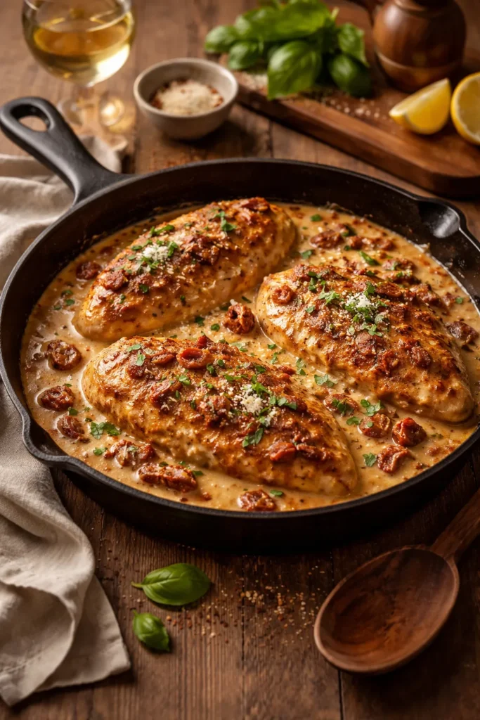 Skillet of Marry Me Chicken in creamy sun-dried tomato sauce