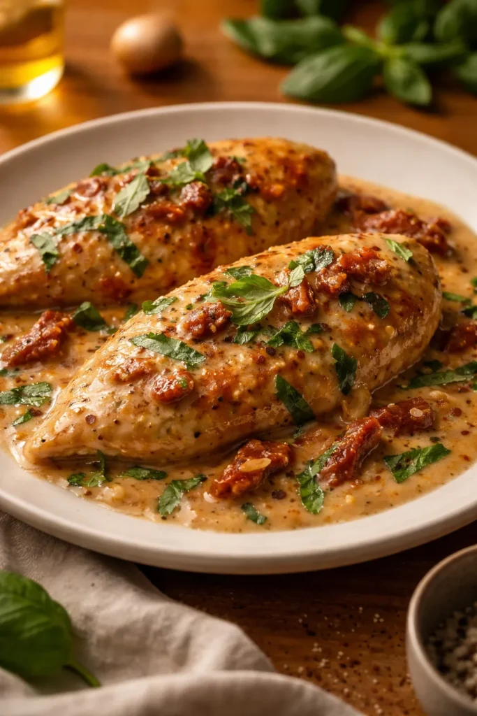 Marry Me Chicken plated with basil and creamy sauce