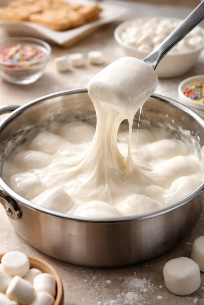Close-up of a marshmallow melting into glossy liquid on a neutral surface