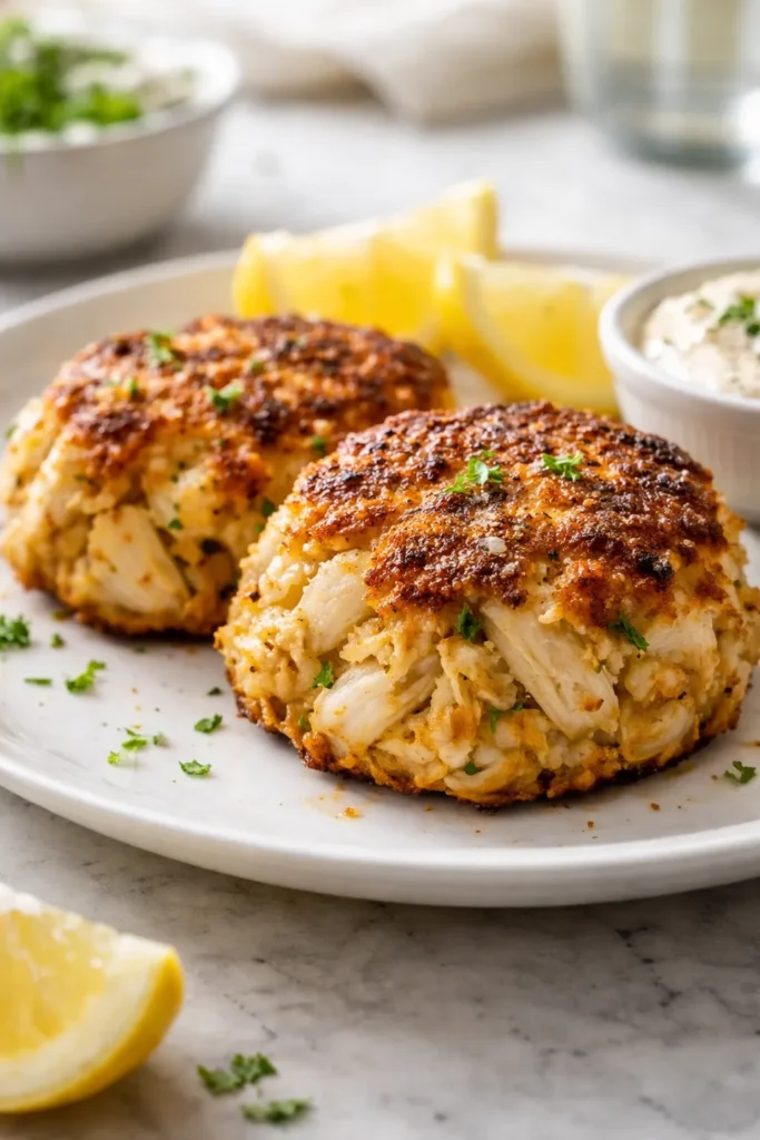 Two golden Maryland lump crab cakes on a white plate, crisp crust.