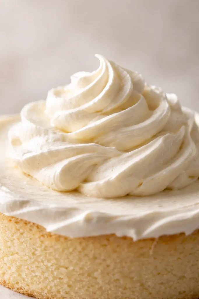 Close-up of fluffy whipped mascarpone topping on a cake, soft peaks and glossy texture