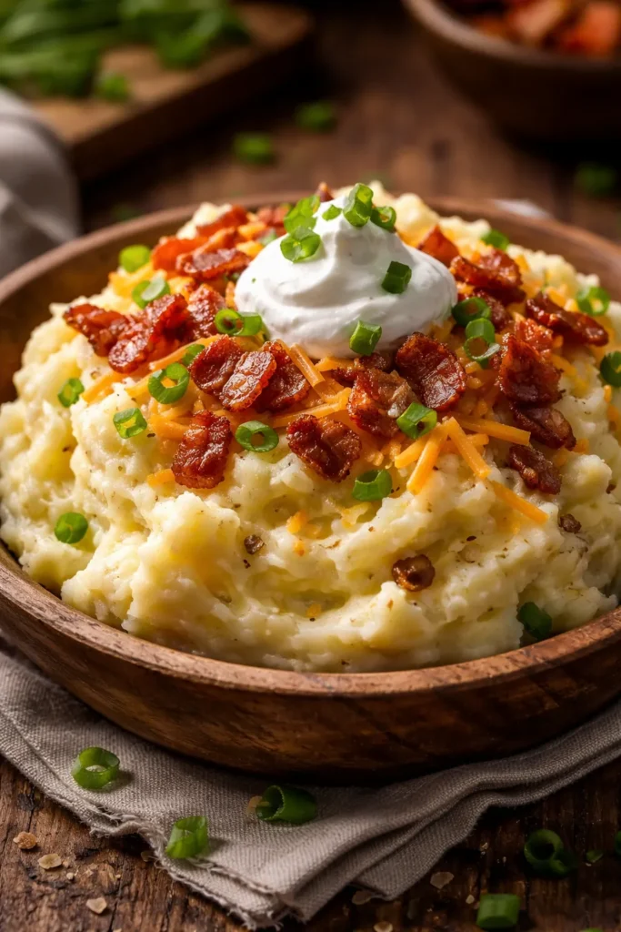 Close-up of loaded mashed potatoes with bacon and cheddar