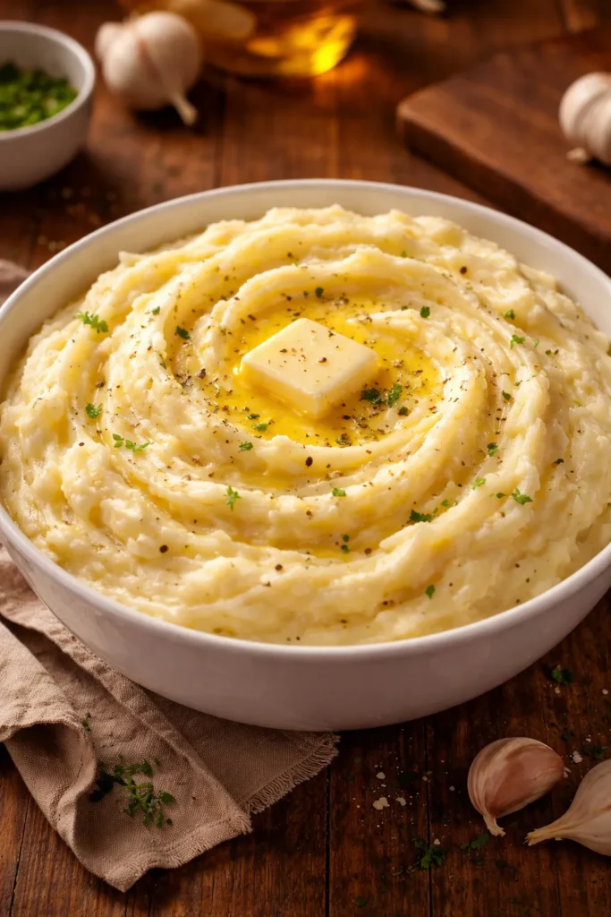 Velvety creamy garlic mashed potatoes in a white bowl with melted butter