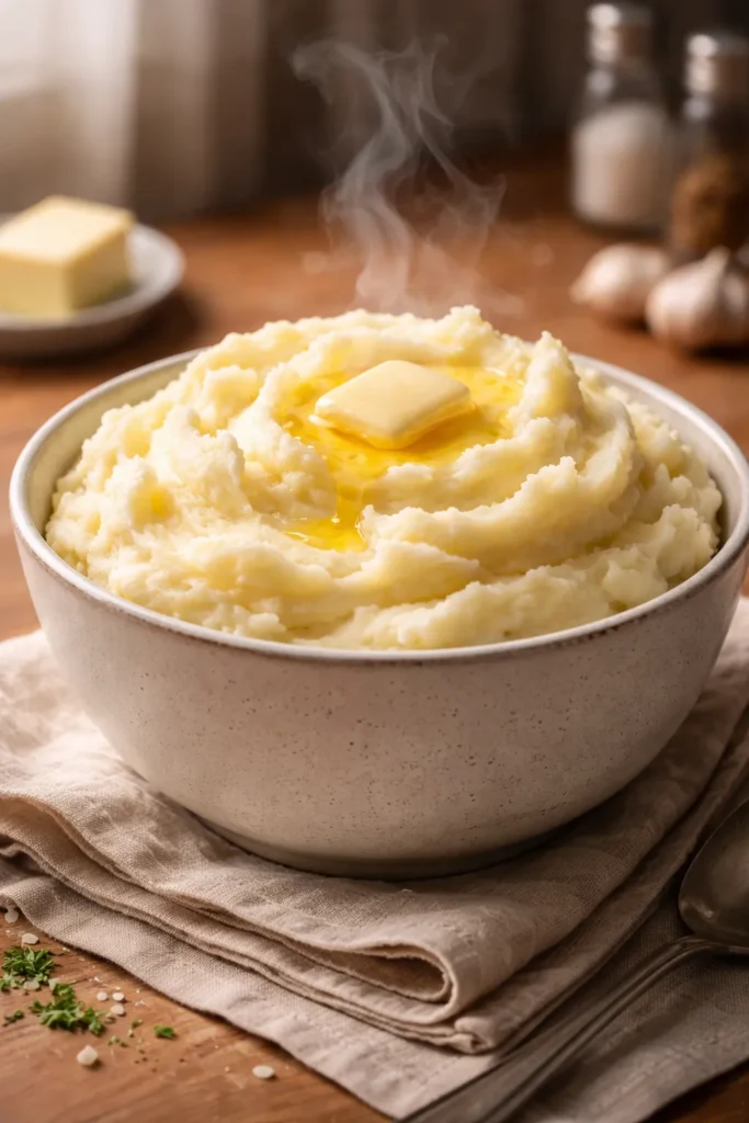 Steaming mashed potatoes with butter in a simple bowl