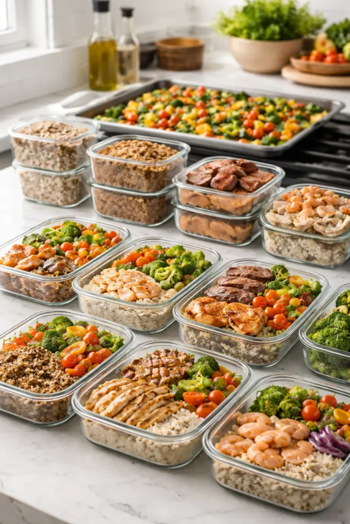 Meal prep scene with containers of grains and roasted vegetables