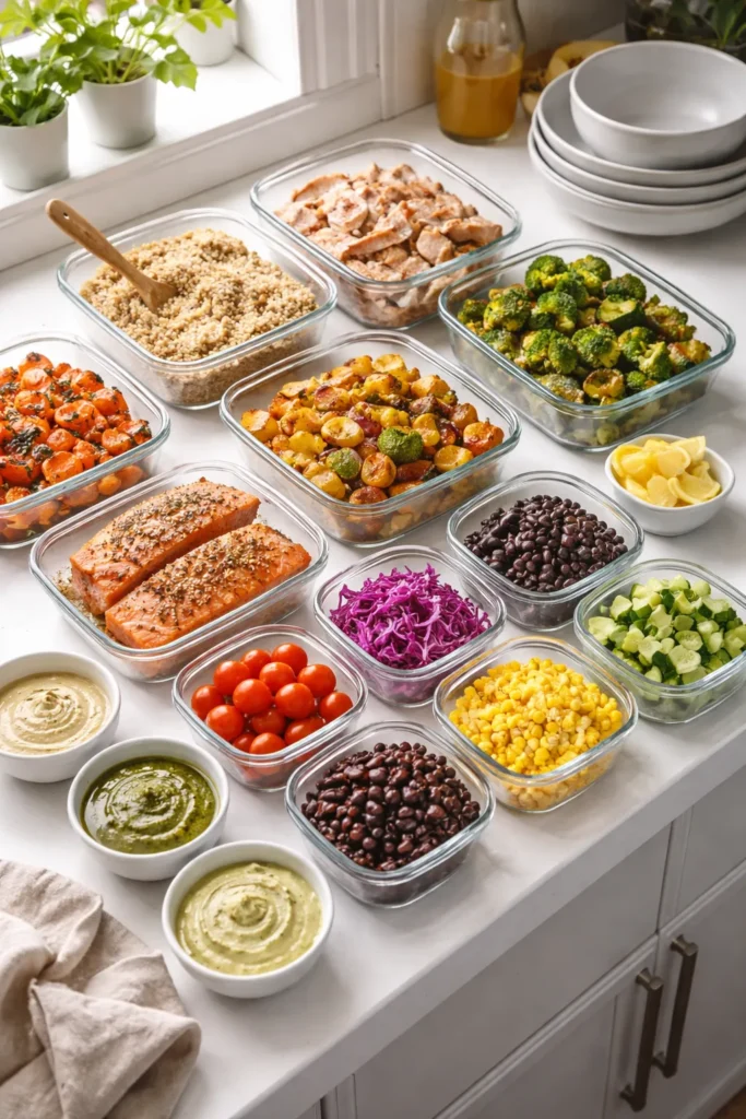 Meal prep bowls lined up on a kitchen counter