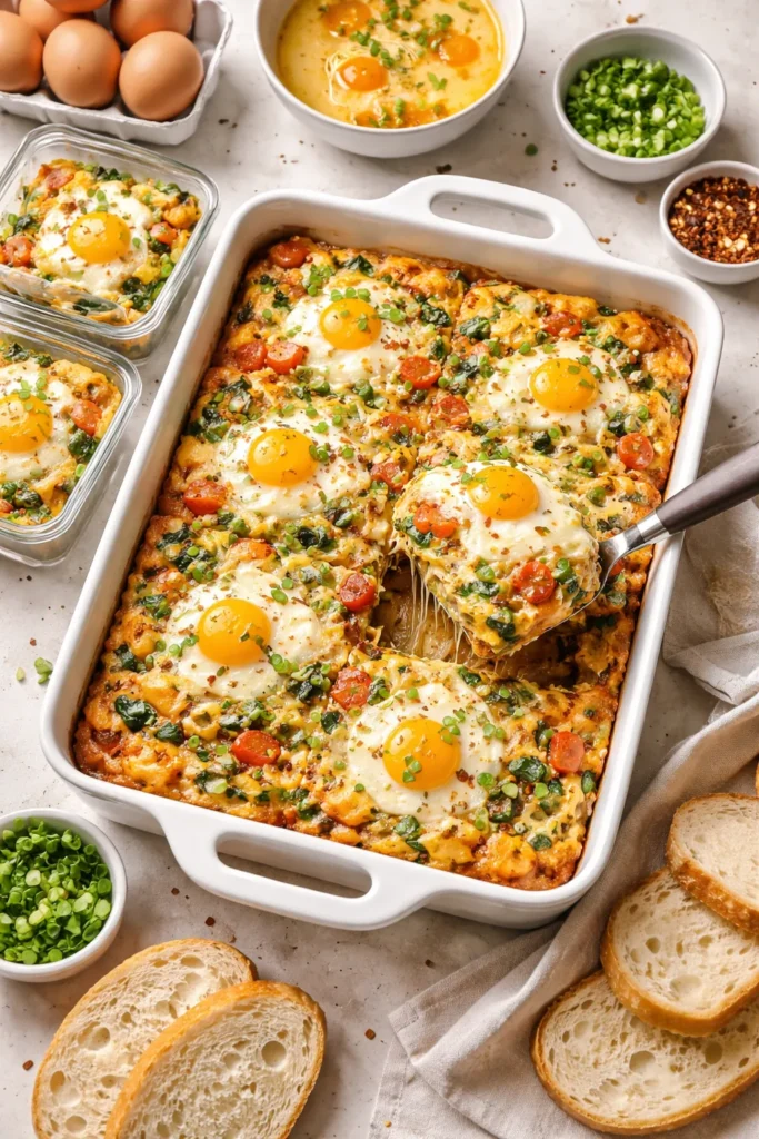 Large baked egg casserole in a 9x13 dish