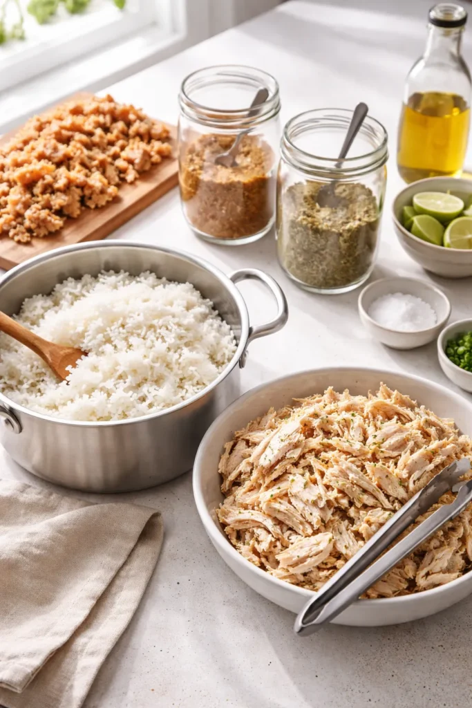 Close-up of a rice pot, shredded chicken, and spice jars on a clean kitchen counter for gluten-free meal prep.