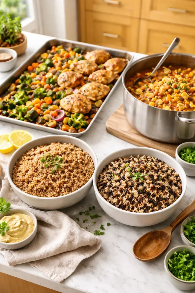 Meal-prep scene with grains, roasted vegetables, chicken, and cauliflower chili arranged for the week