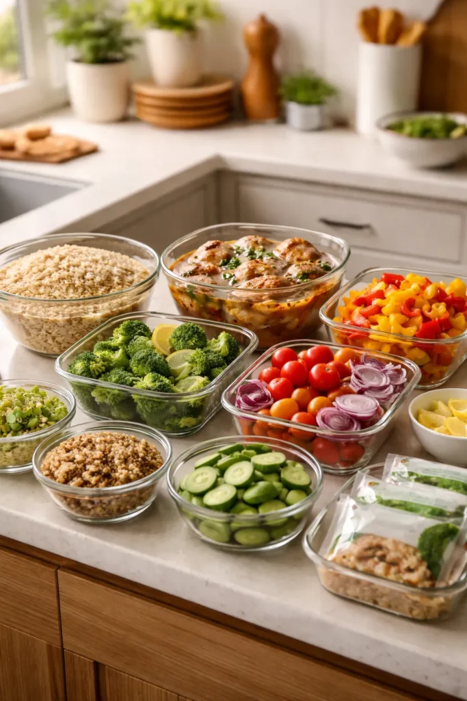 Organized meal-prep scene with grains, chicken, and vegetables ready for weeknight dinners