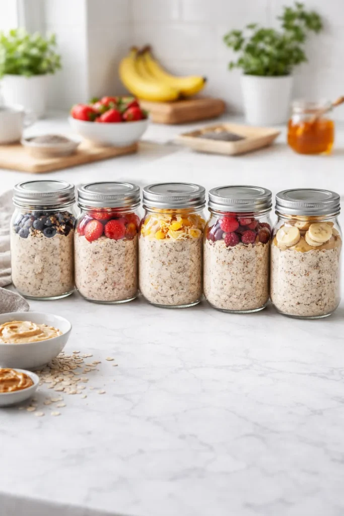 Five jars of overnight oats lined up for a week of meals