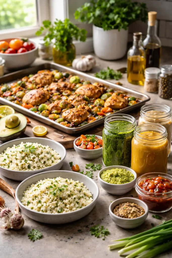 Organized meal prep station with roasted vegetables and cauliflower rice