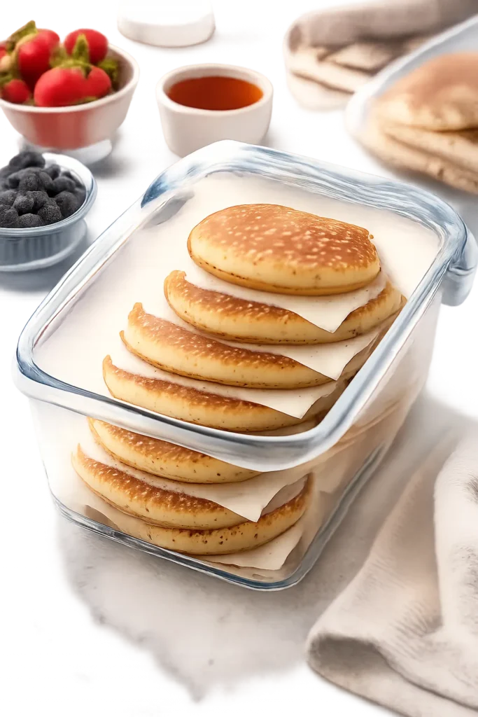 A container of stacked protein pancakes ready for freezing