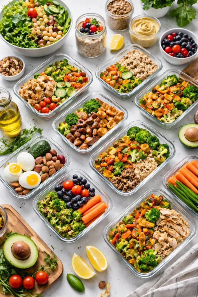 Top-down view of meal-prep containers with quinoa bowls and roasted vegetables