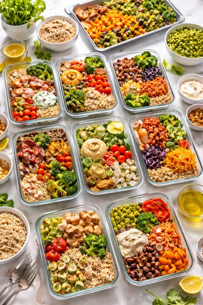 Organized meal prep scene with containers of grains and vegetables