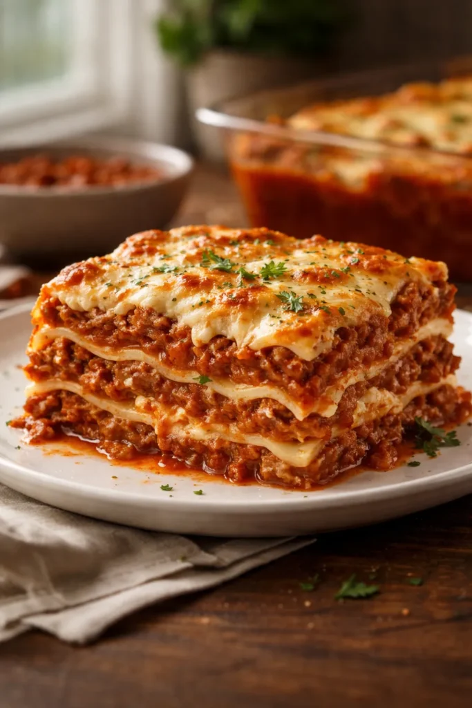 Slice of meat lasagna showing layers of pasta and sauce