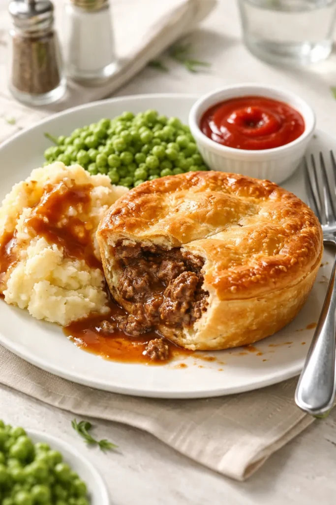 Meat pie plated with mashed potato, mushy peas and tomato sauce