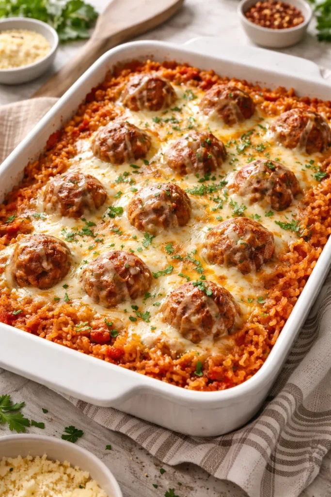 Cheesy meatball rice casserole with bubbling mozzarella