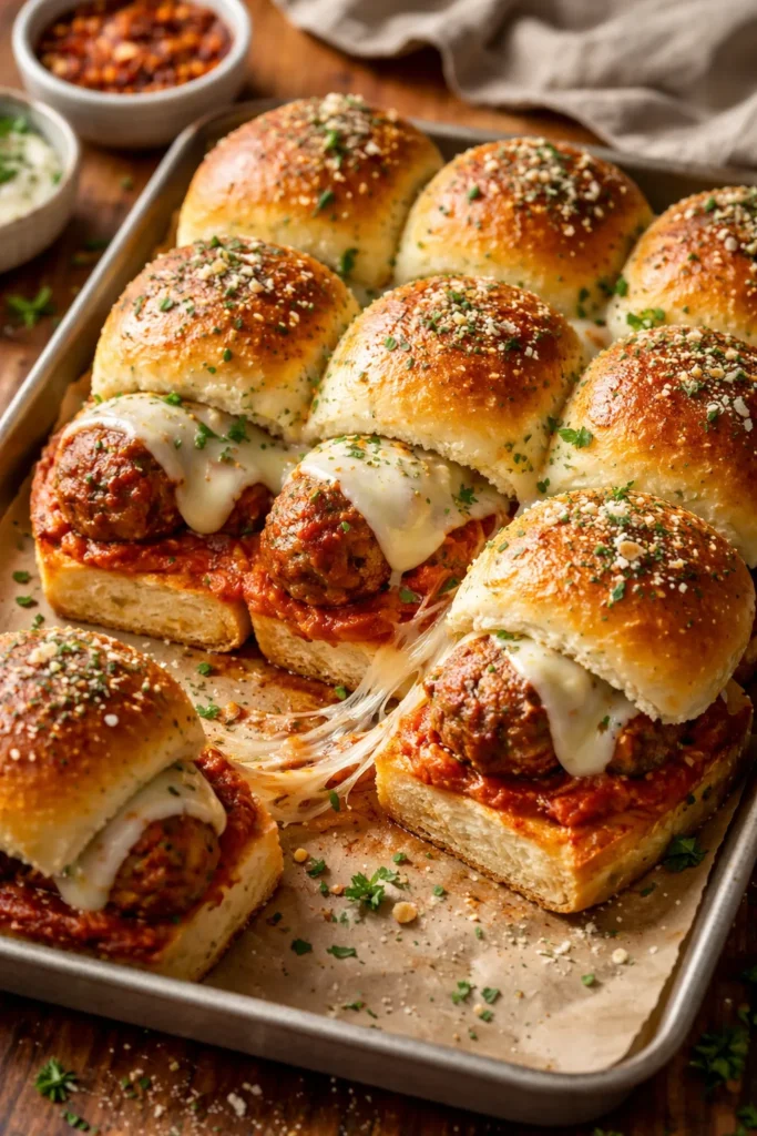 Close-up of Meatball Marinara Sliders with marinara and melted cheese