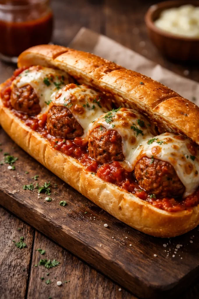 Meatball sub cross-section with sauce and cheese on toasted bun