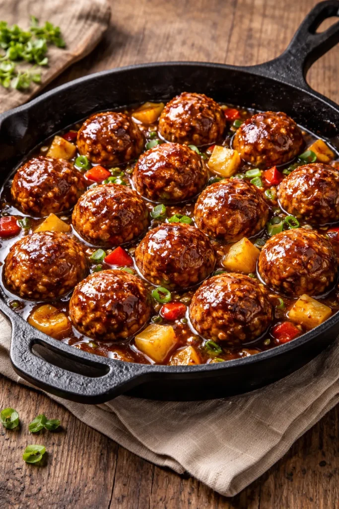 Close-up of glossy sweet and sour meatballs browning in a cast iron skillet