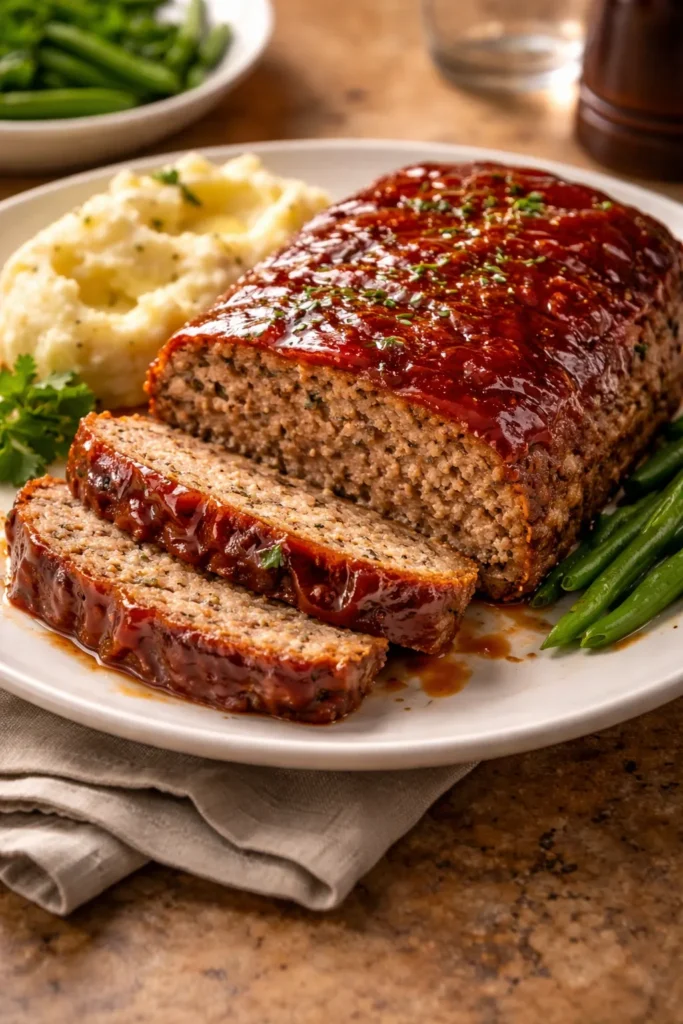Moist meatloaf with glaze on a clean plate in a simple setting