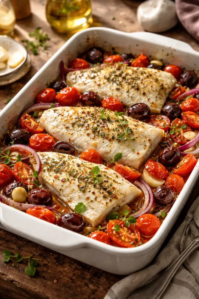 Mediterranean baked white fish with tomatoes and olives in a roasting dish