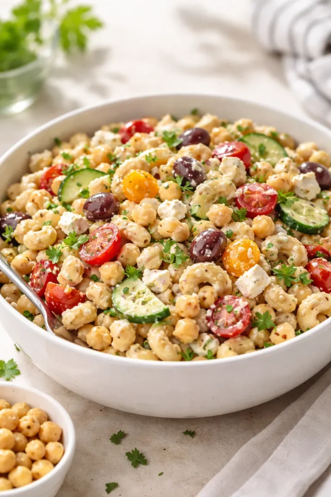 Mediterranean macaroni salad with chickpeas and feta in white bowl