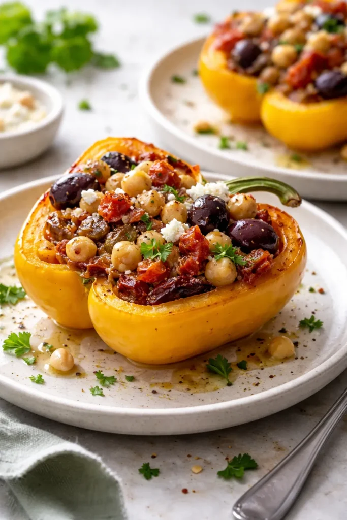 Pepper half filled with chickpeas, sun-dried tomatoes and olives on a simple plate