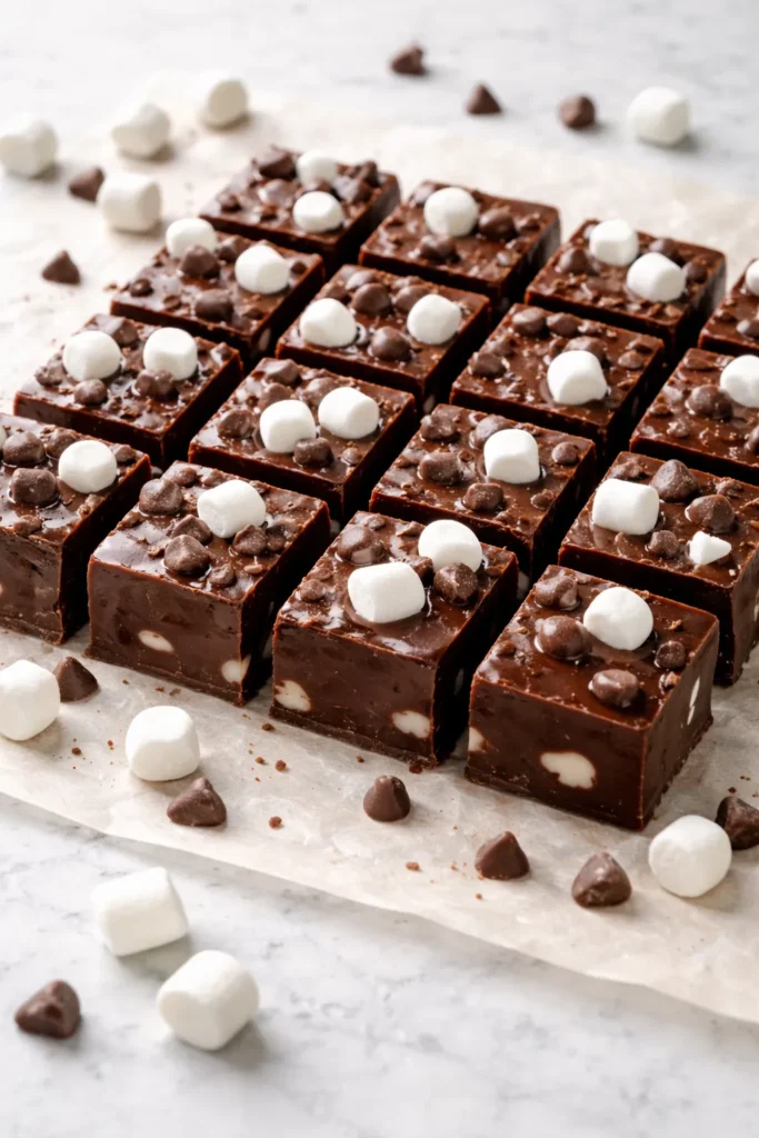 Glossy fudge squares on parchment paper