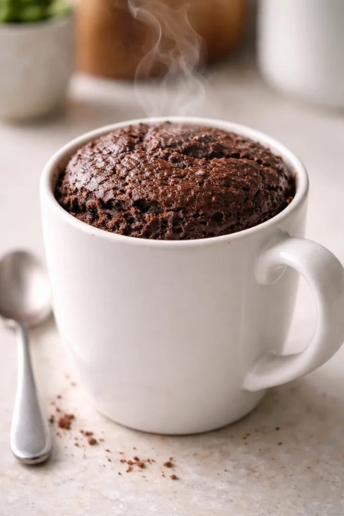 Cup with a rising chocolate mug cake, on a plain surface