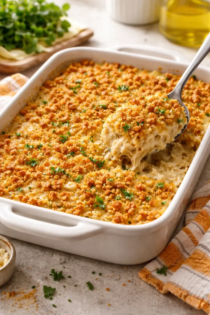 Creamy Million Dollar Chicken Casserole in a baking dish with a golden cracker topping