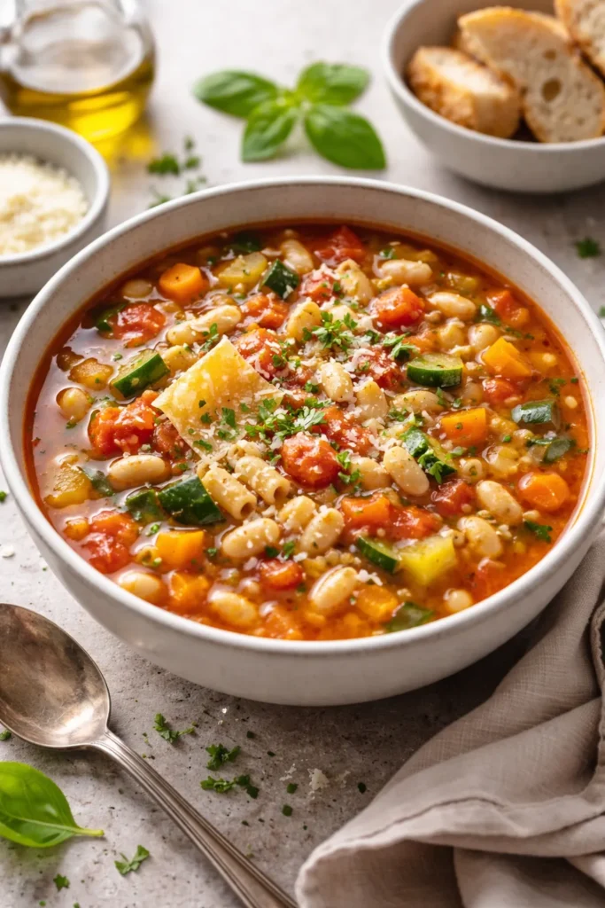 Hearty minestrone soup with beans, pasta, and vegetables in a bowl