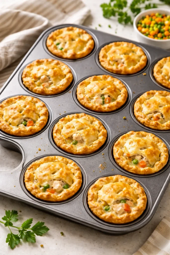 Muffin tin filled with small golden chicken pot pies