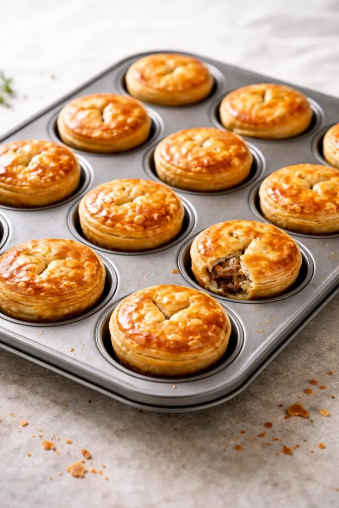 Tray of dozen small meat pies in muffin tin with golden crusts