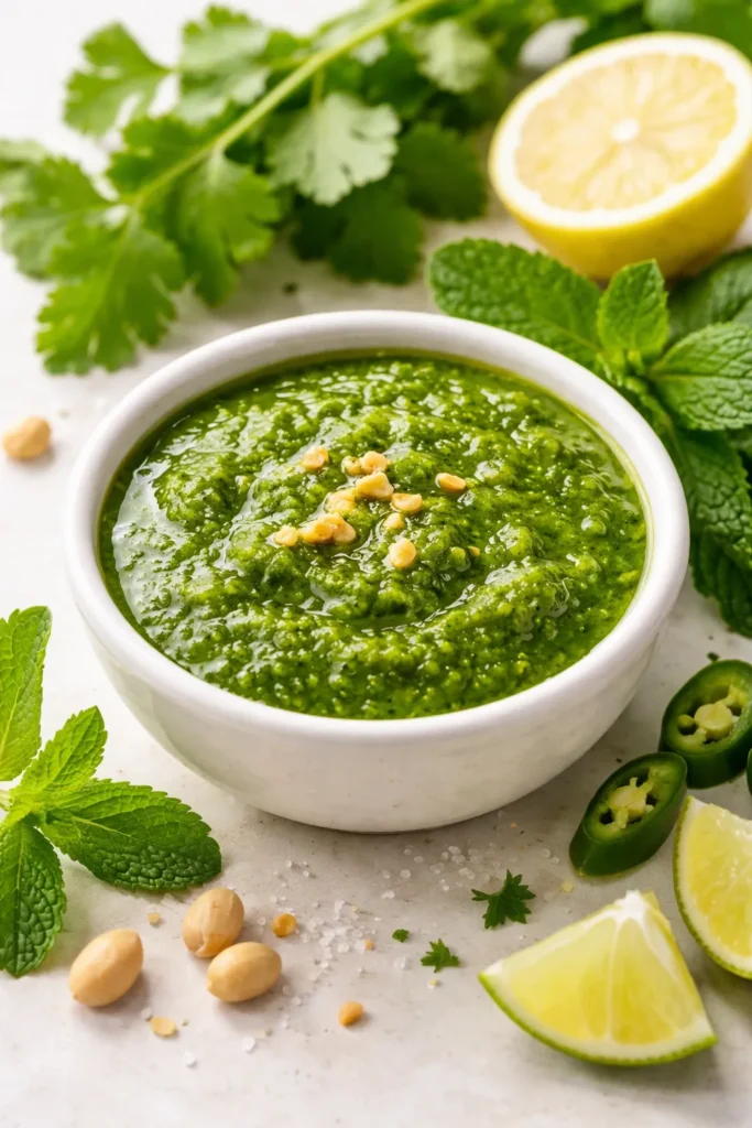 Bright green mint cilantro chutney in a bowl