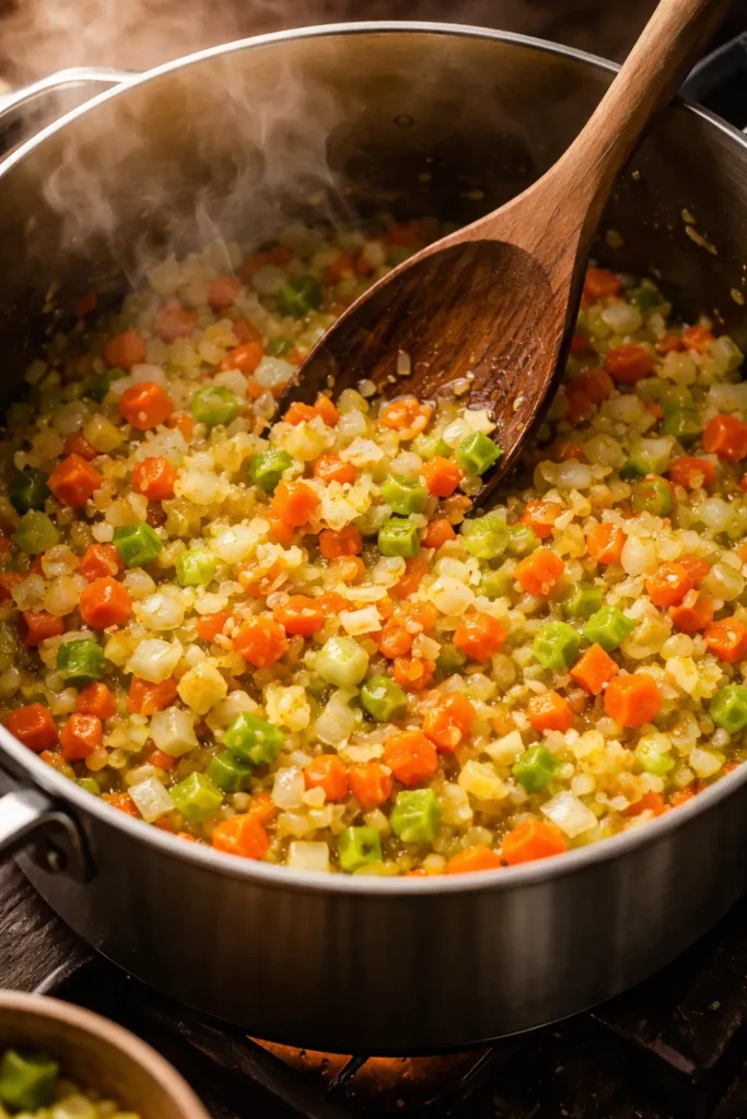 Close-up of onions, carrots, and celery sautéing in oil to form a rich soup base