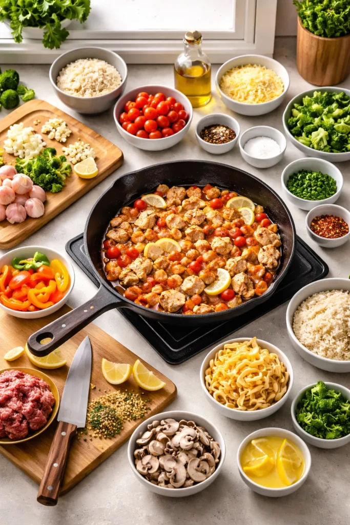 Organized mise en place and hot skillet on counter