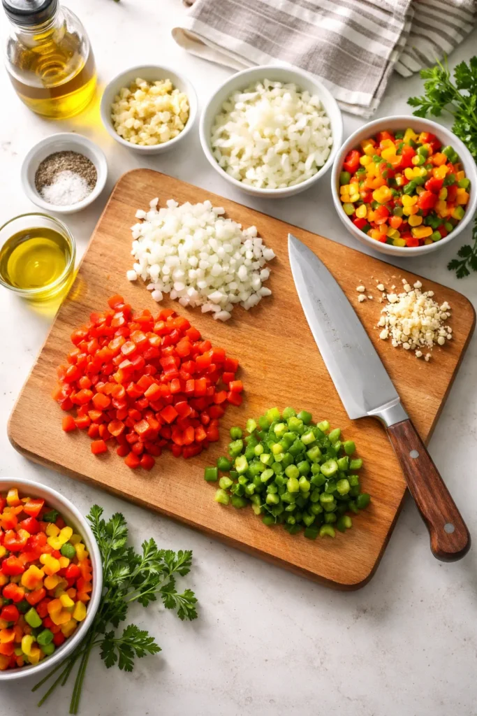 Mise en place with pre-chopped aromatics on a cutting board