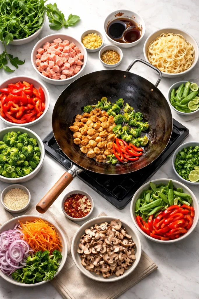 Top-down view of uniform stir fry prep ingredients arranged around a wok