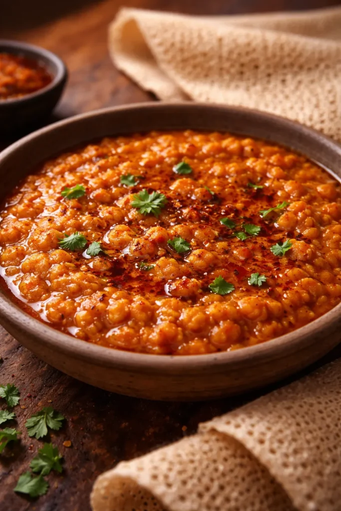 Thick red lentil Misir Wat in a bowl