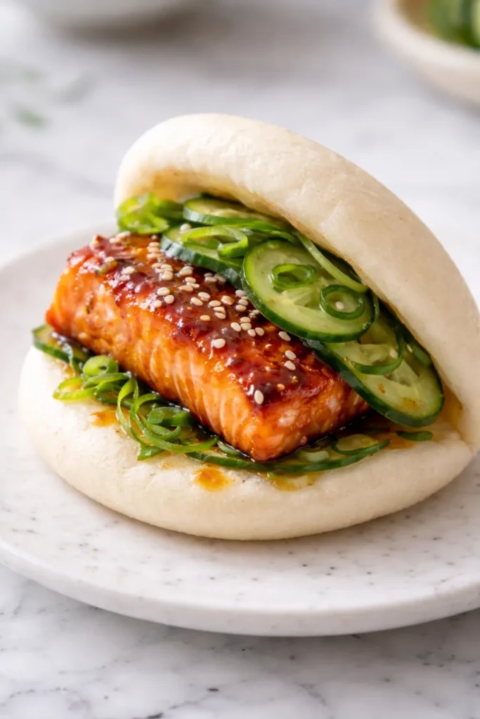 Close-up of a bao with miso-glazed salmon and cucumber pickle filling