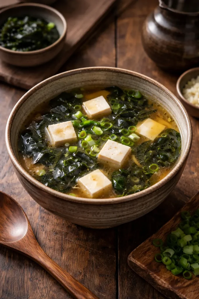 Miso soup with tofu cubes in a ceramic bowl