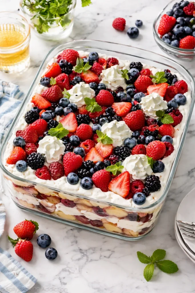 Mixed berry trifle cake with fresh berries and whipped cream