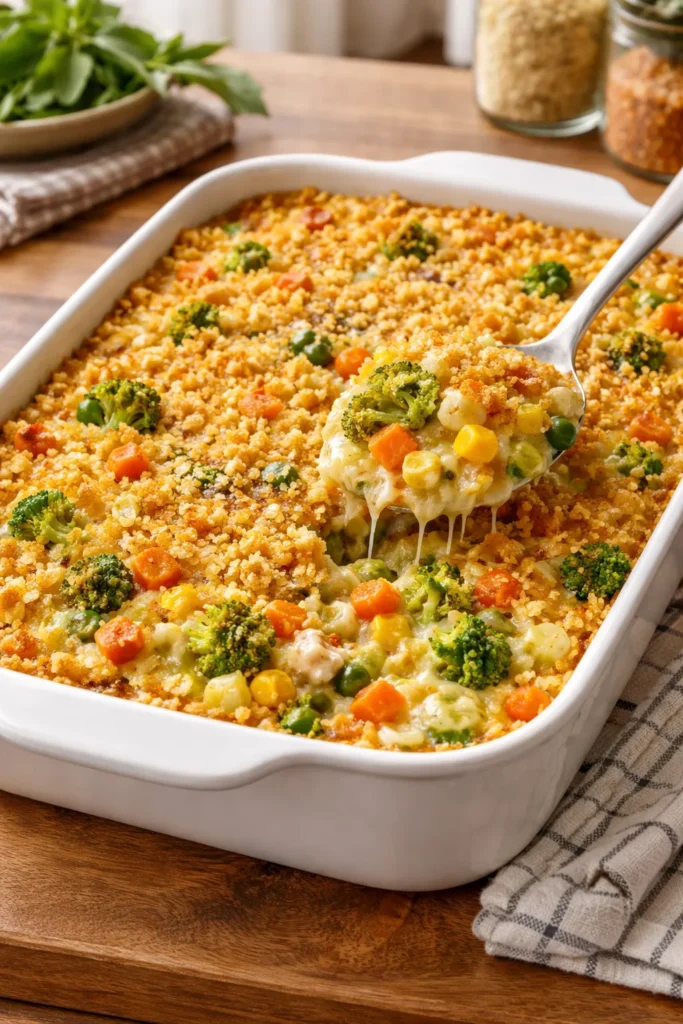 Baked loaded mixed vegetable casserole in a dish with a cracker crumb topping