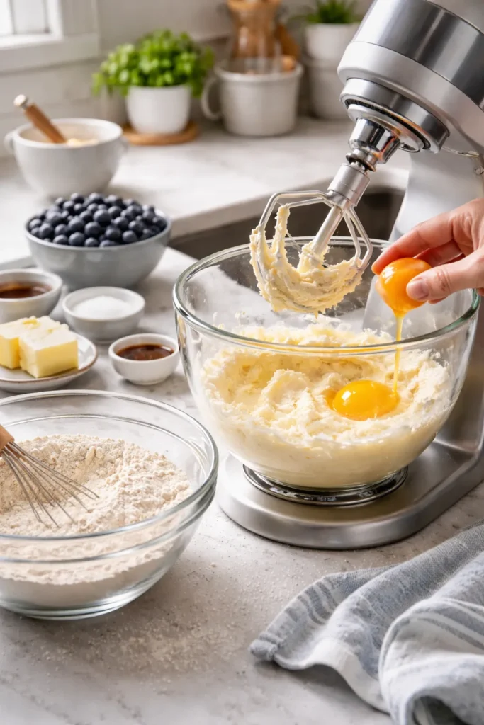 Bowl with butter-sugar batter and eggs being added in a mixing process