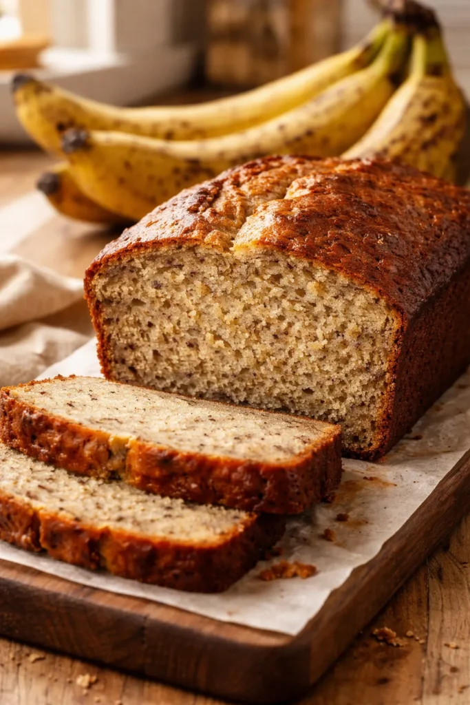 Ultra moist banana bread slices with very ripe bananas in the background