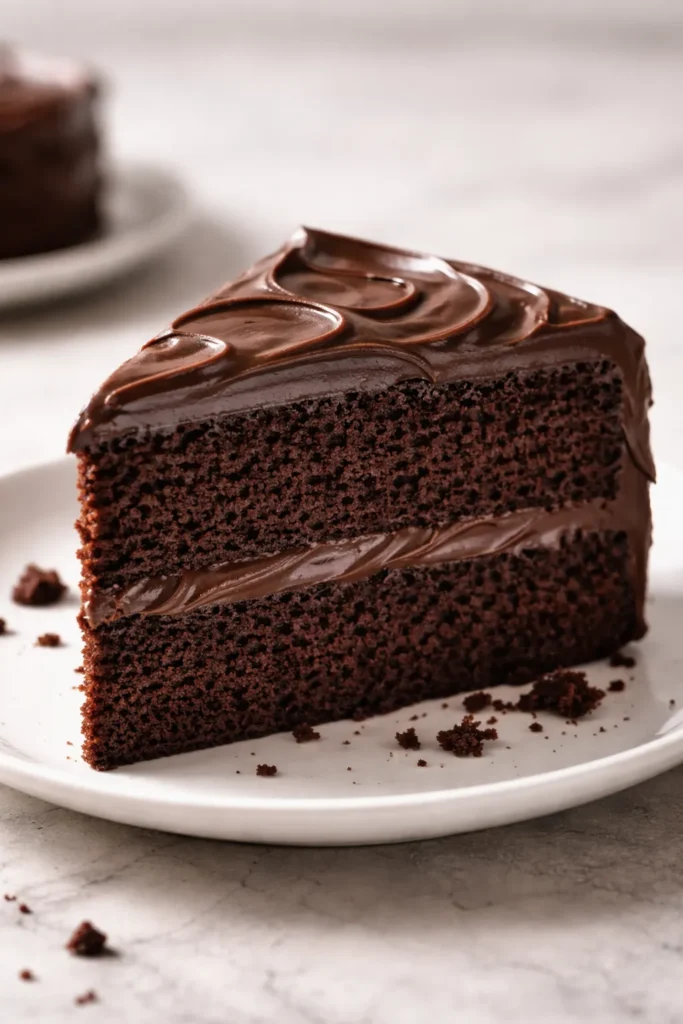 Close-up of a moist chocolate cake slice with fine tender crumb on a plain plate