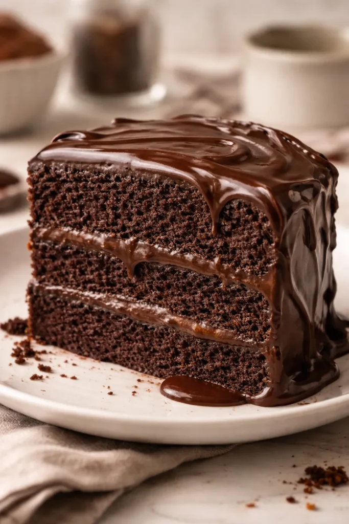 Moist chocolate cake slice with tender crumb and ganache