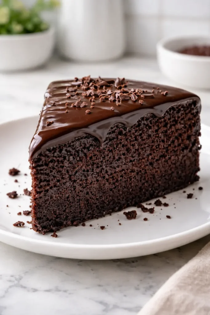 Glossy moist keto chocolate cake slice on plate